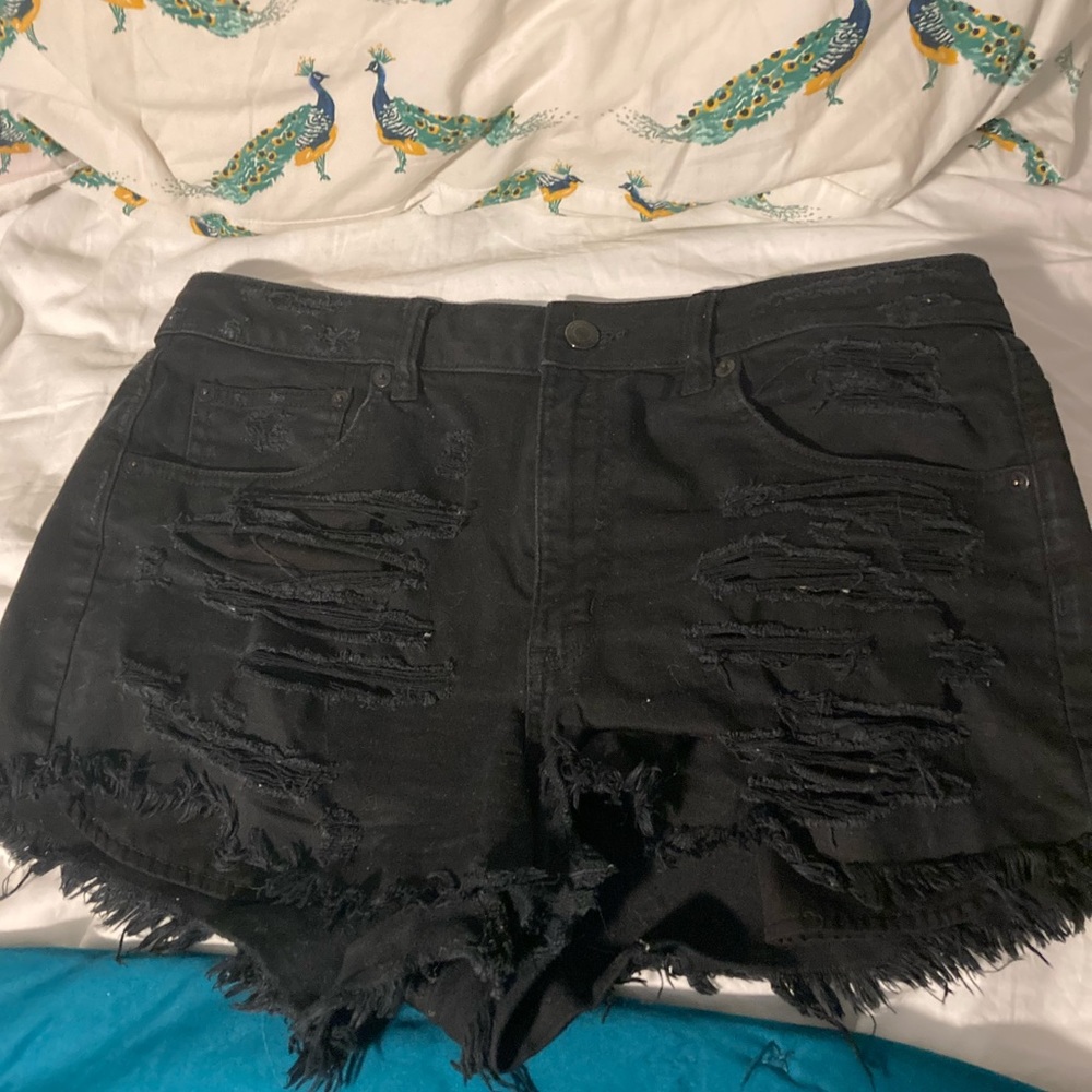 American Eagle Black Destroyed Jean Cutoffs